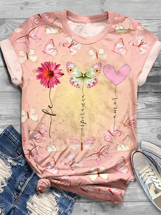 Women's Butterfly Vintage Christian Print Crew Neck T-shirt