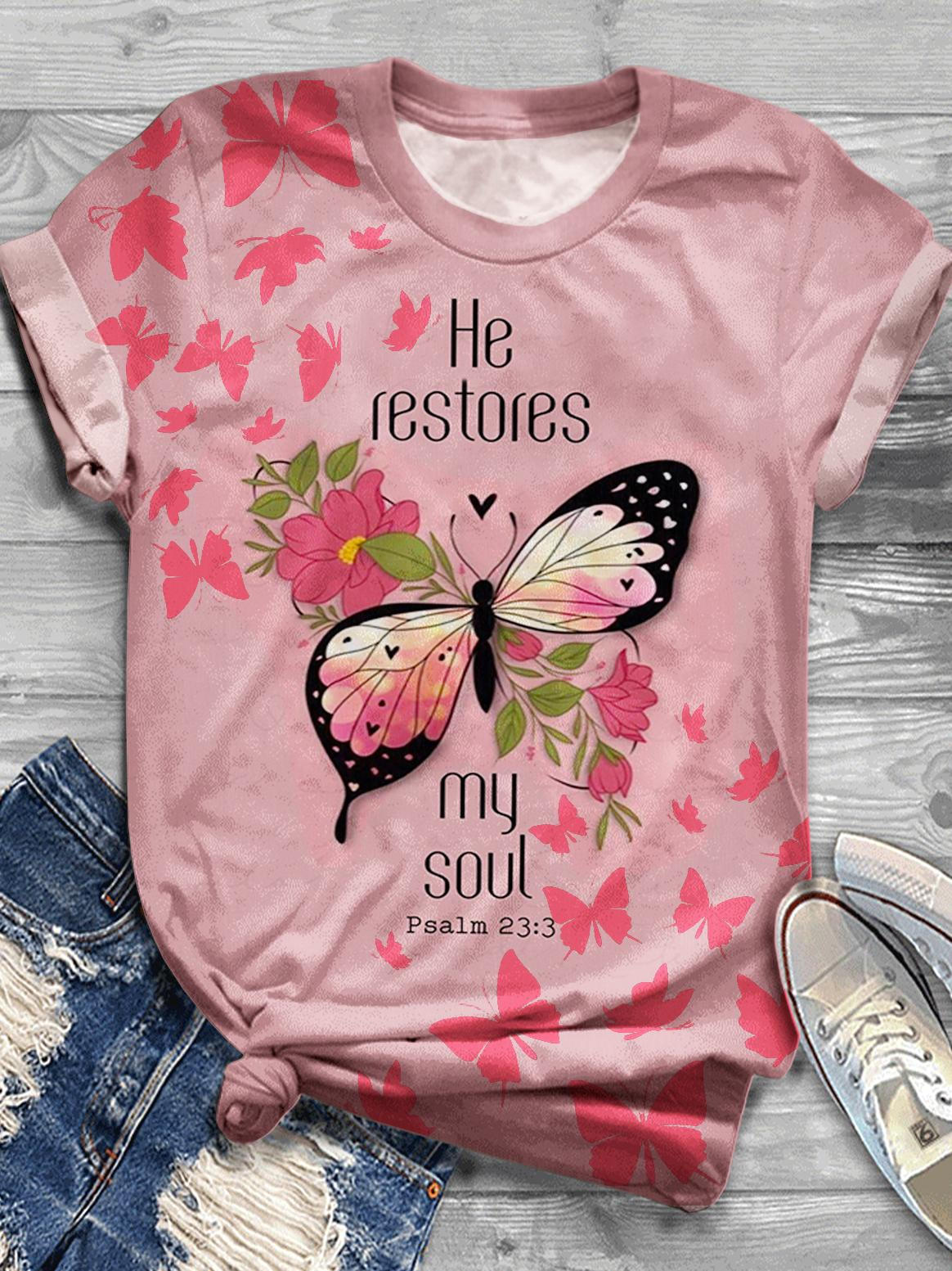 Butterfly Christian Jesus Faith Print Crew Neck T-shirt