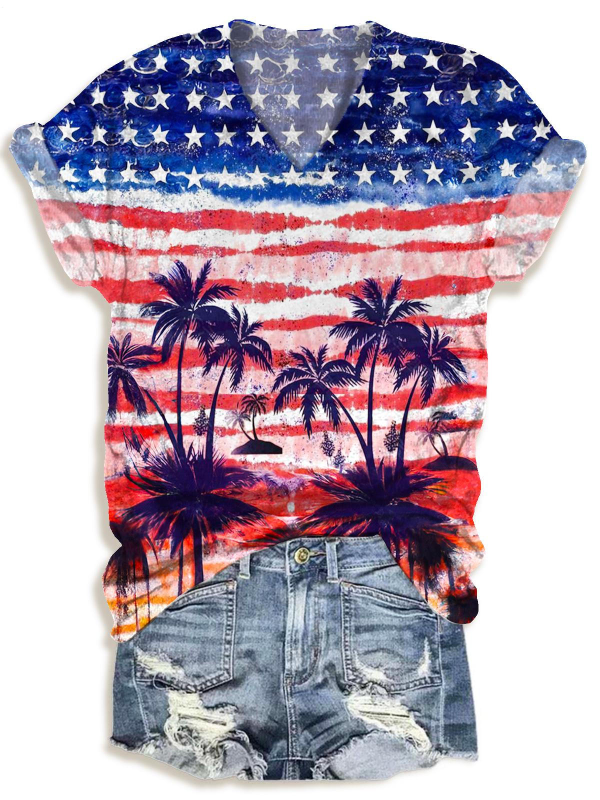 Vintage Flag Independence Day Printed Crew Neck T-shirt