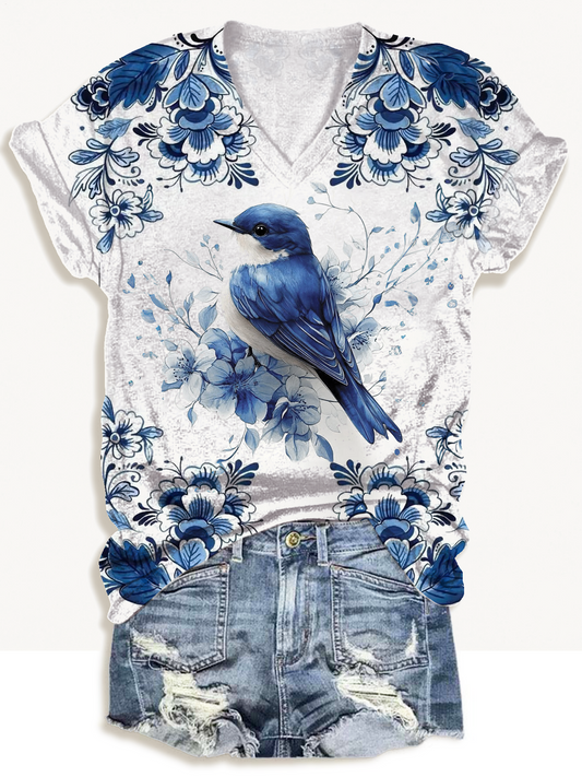 Women's Blue Flower And Hummingbird Print Short Sleeve V-neck T-Shirt