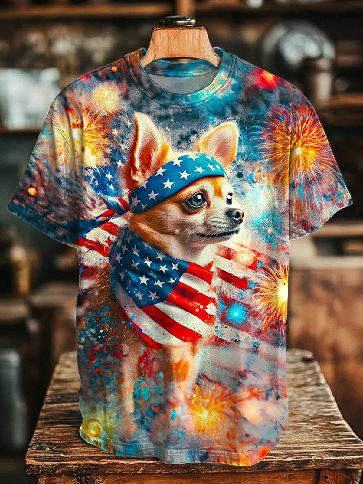 Fireworks Flag Puppy Crew Neck T-shirt