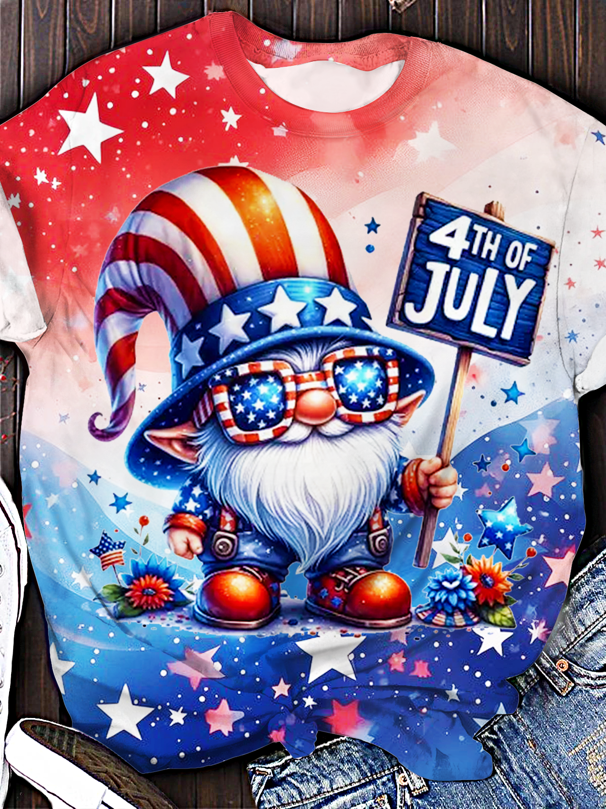 4th of July Patriotic Gnome Art Crew Neck T-shirt