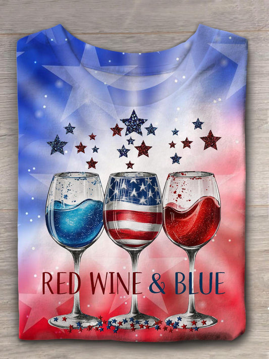 Red Wine&Blue Patriotic Crew Neck T-shirt