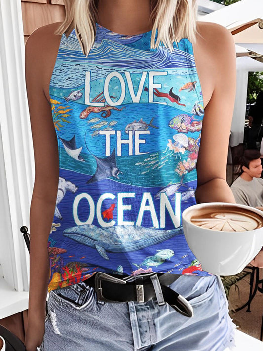 Love The Ocean Print Casual Sleeveless Top
