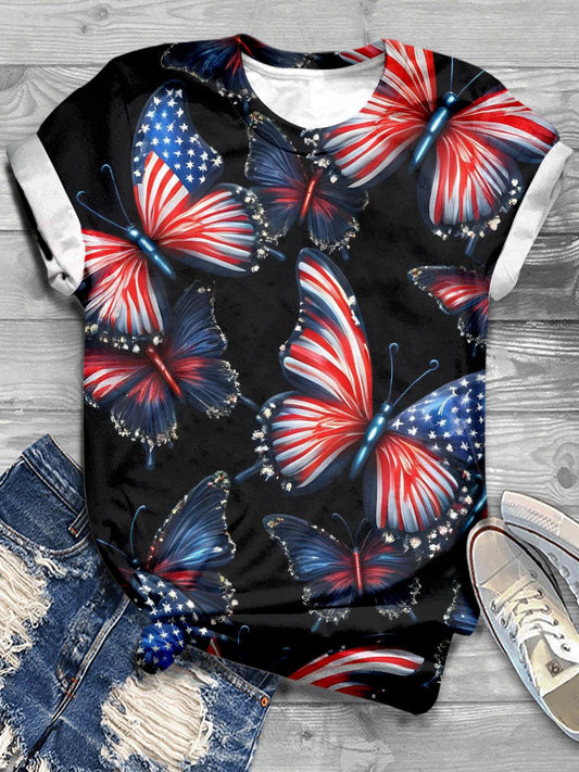 Independence Day Glitter Sequin American Flag Butterfly Crew Neck T-shirt