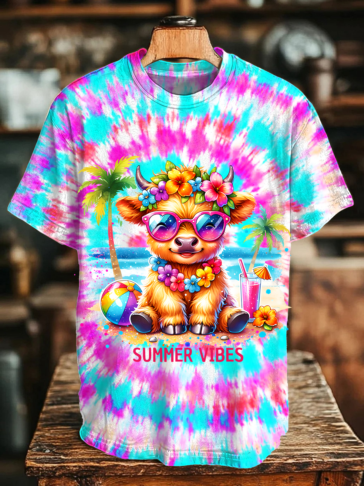 Summer Vibes Cute Highland Cow Crew Neck T-shirt