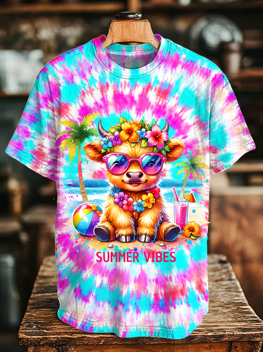 Summer Vibes Cute Highland Cow Crew Neck T-shirt