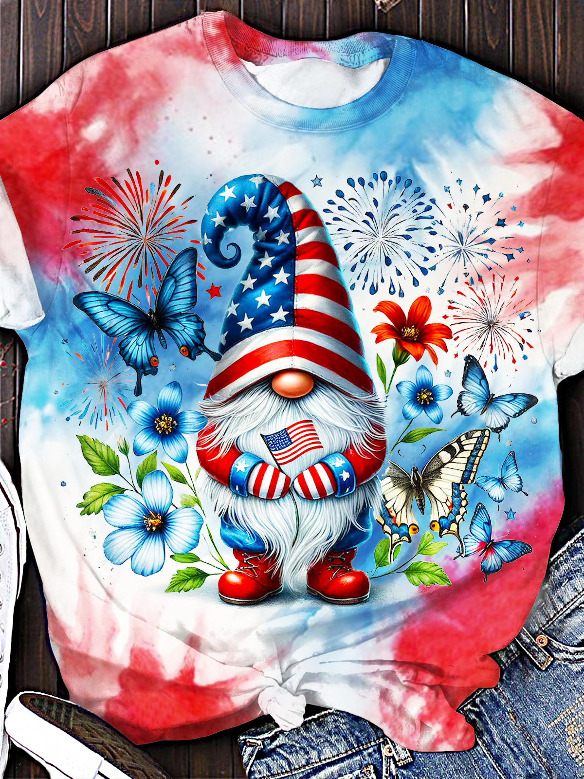 Independence Day Tie Dye Butterfly Floral Gnome Art Crew Neck T-shirt