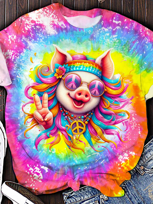 Cute Hippie Pig Crew Neck T-shirt