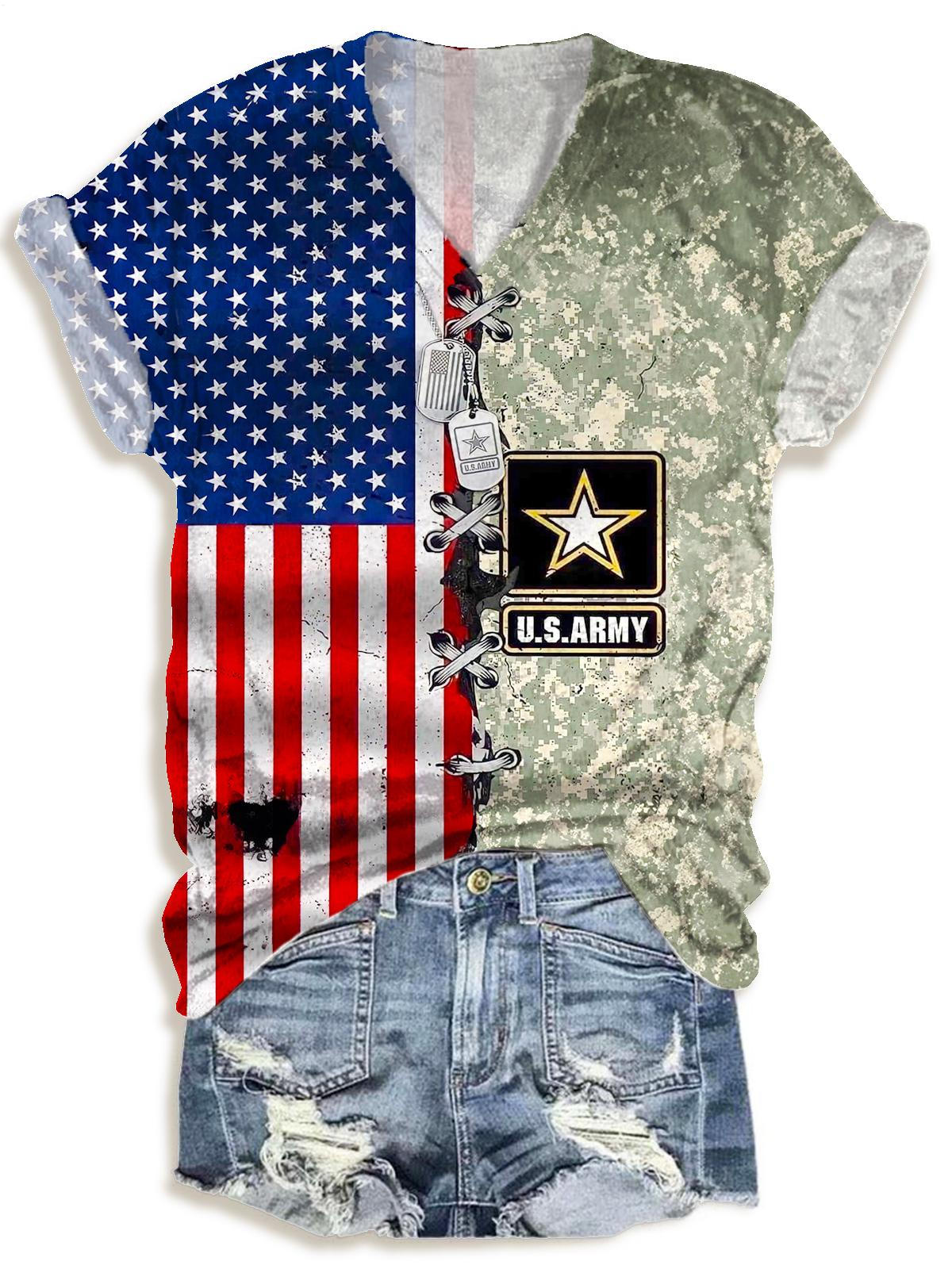 Vintage Independence Day Printed V-neck T-Shirt