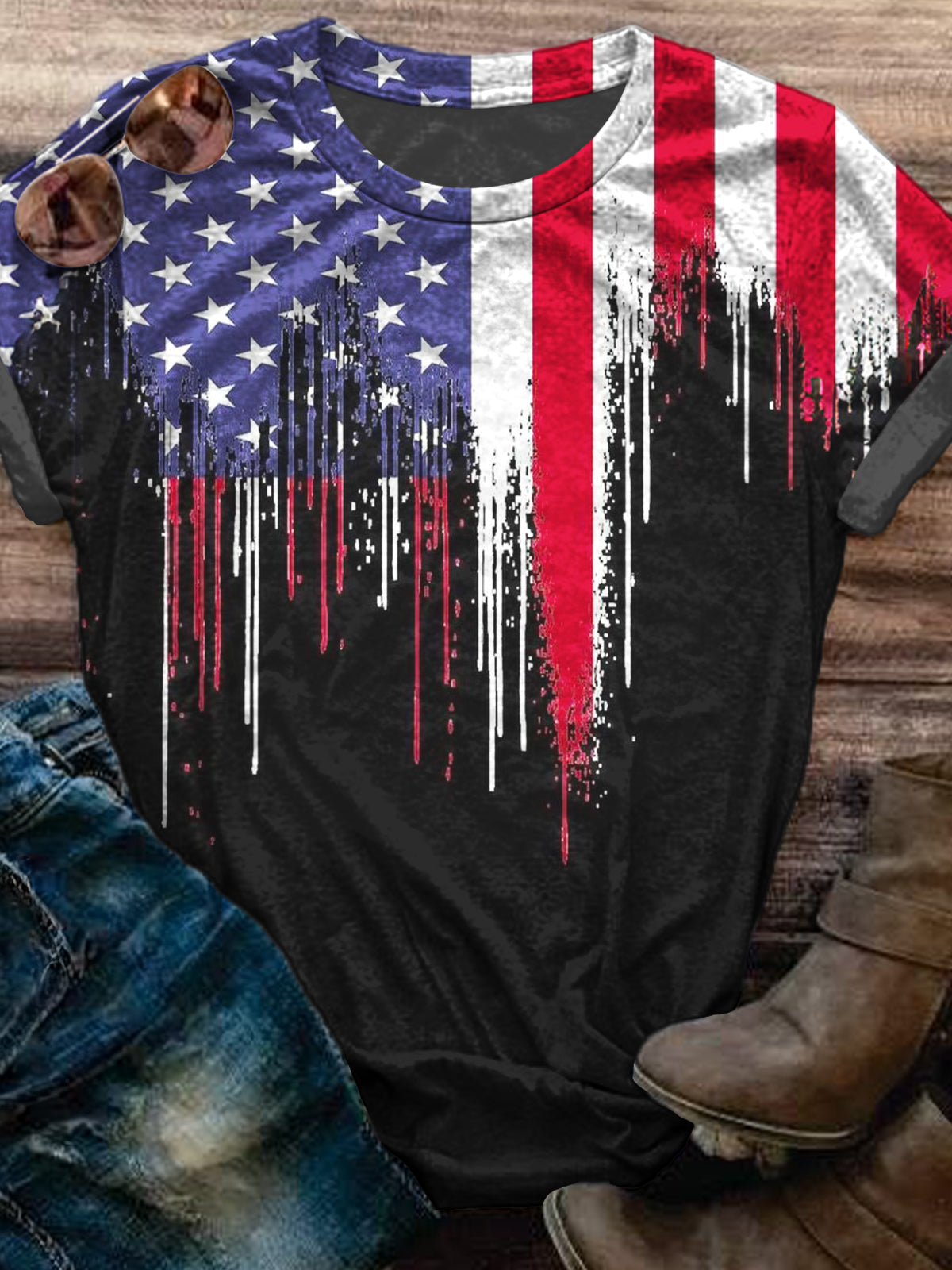 Independence Day Stars And Stripes Print Crew Neck T-shirt
