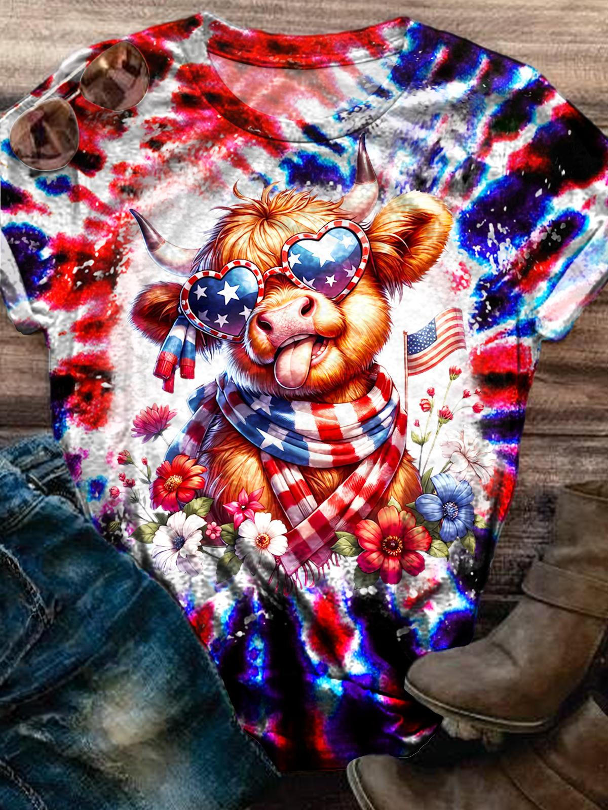 Vintage Independence Day Highland Cow Crew Neck T-shirt