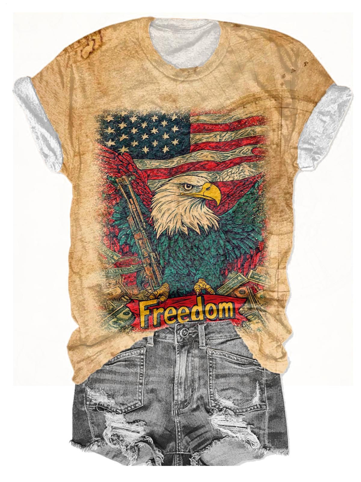 Retro Flag Print Crew Neck T-shirt