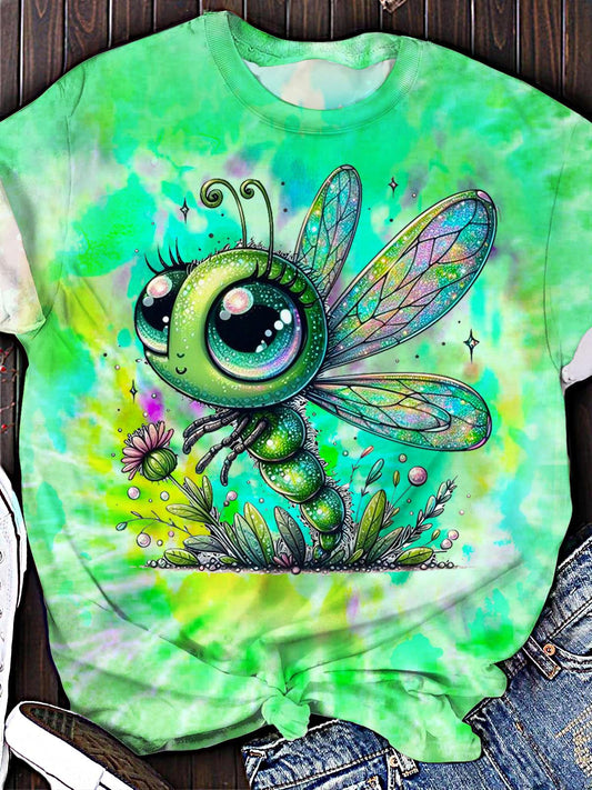 Spring Cute Dragonfly Printed Crew Neck T-shirt