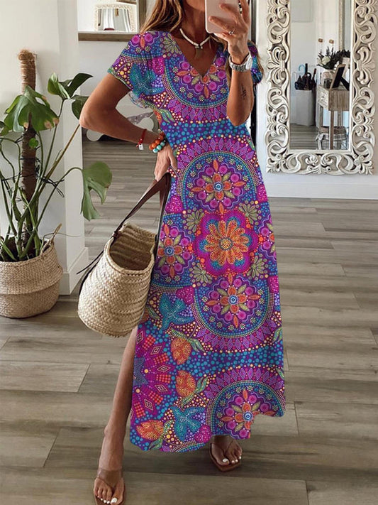 Retro Pattern Short Sleeve V Neck Maxi Dress