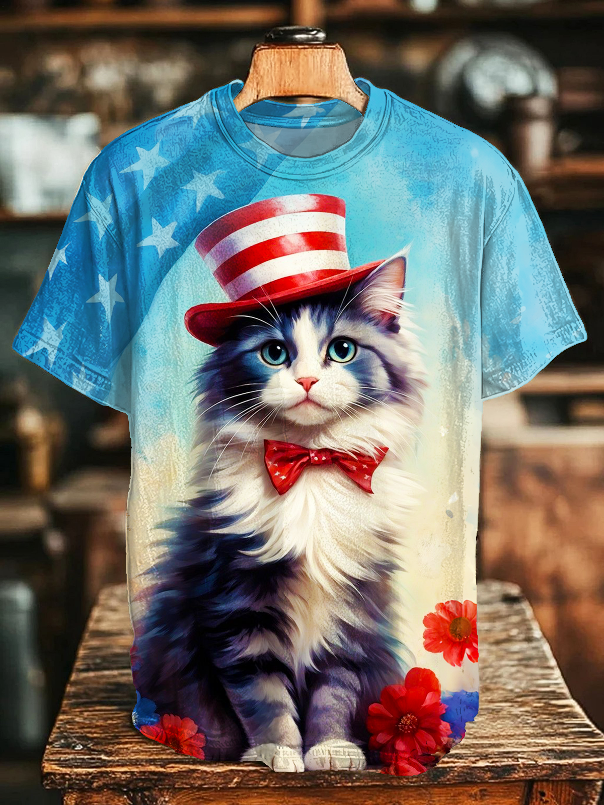 Independence Day Flowers American Flag Cat Art Crew Neck T-shirt