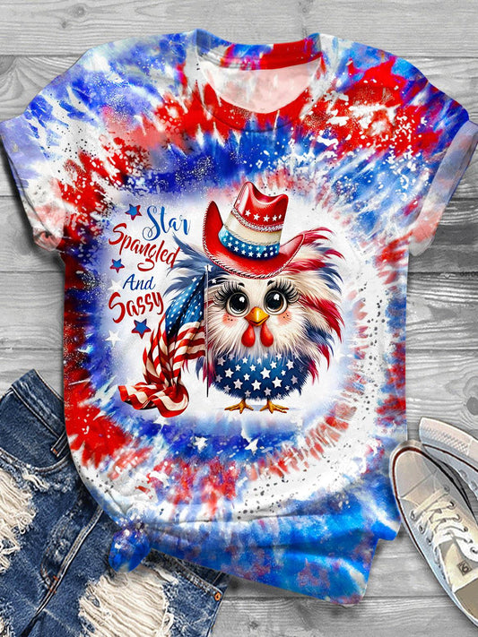 Retro Independence Day Flag Cute Bird Print Crew Neck T-shirt
