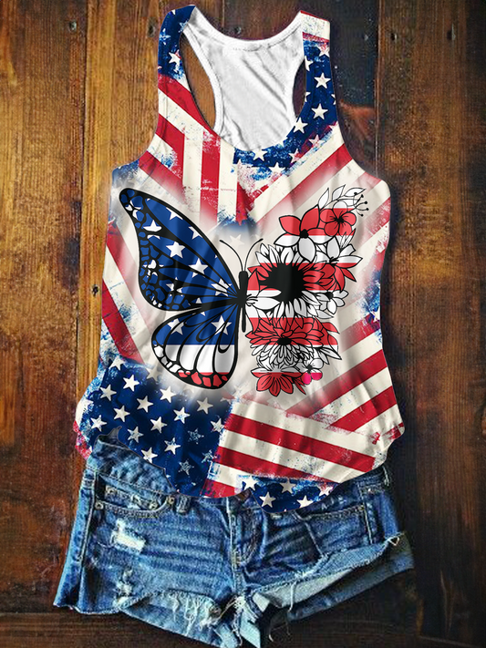American Flag Butterfly Printed Casual Tank TopB