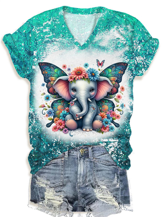 Retro Elephant Pattern V-neck T-Shirt