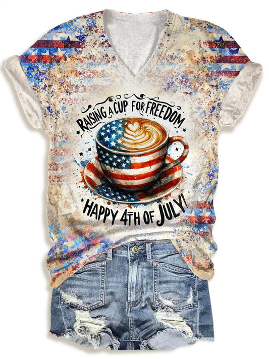 Retro Flag Coffee Print V-neck T-Shirt