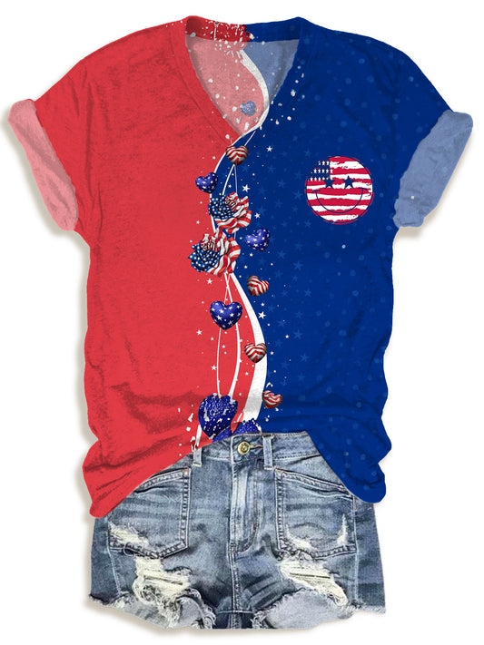 Contrasting Smiley Face Print V-neck T-Shirt
