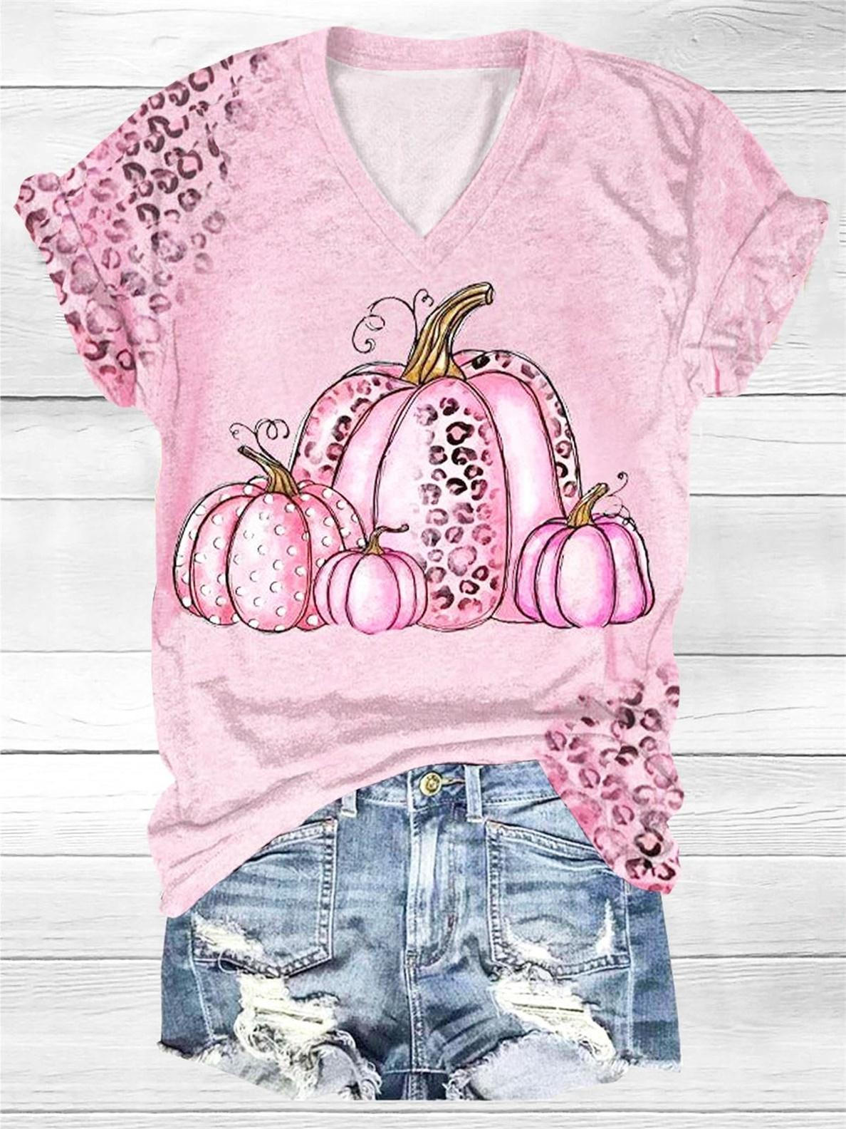 Pink October Halloween Pumpkin V Neck T-Shirt