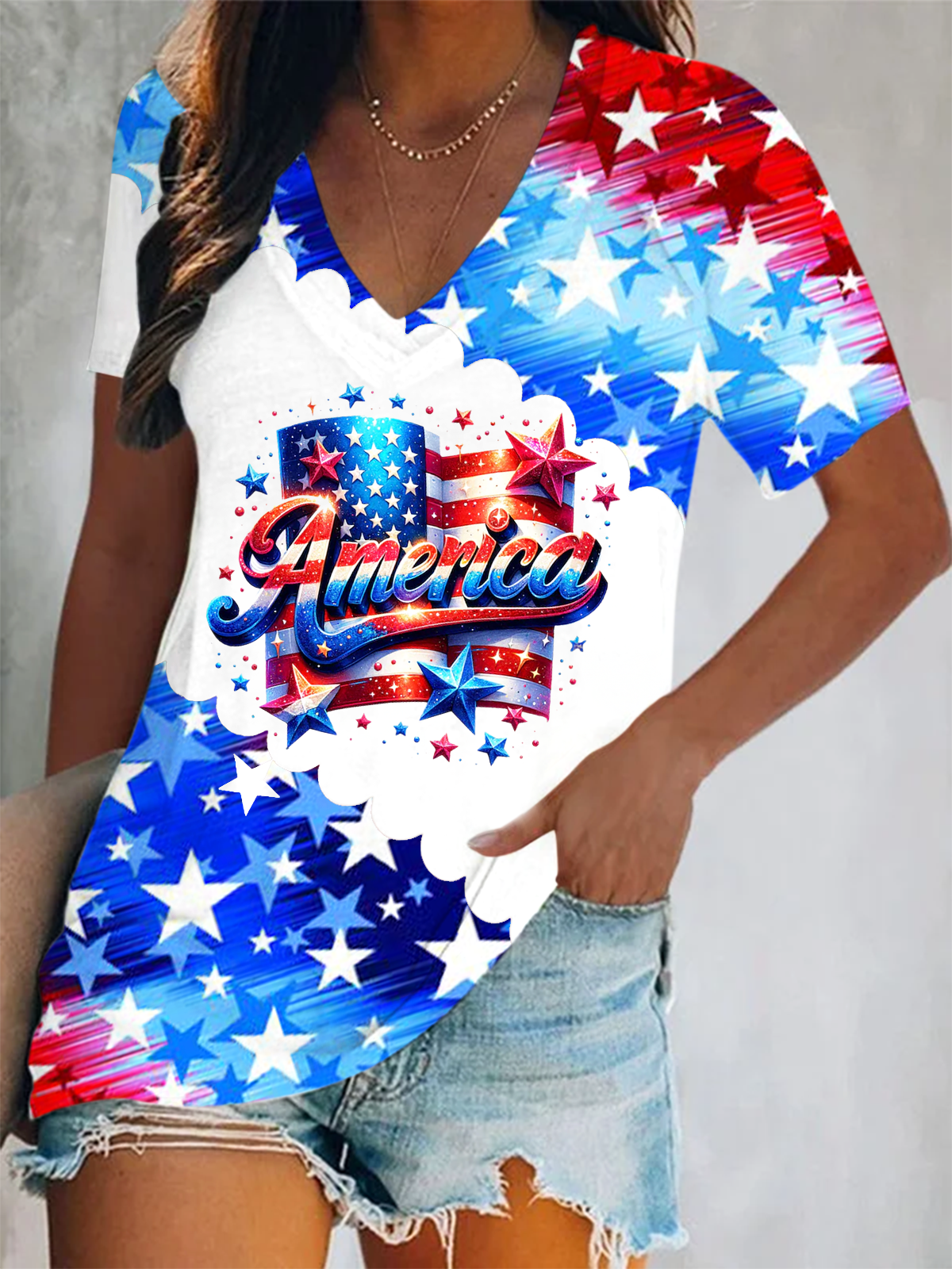 Independence Day Glitter Neon American Flag Art Short Sleeve V Neck Print Top