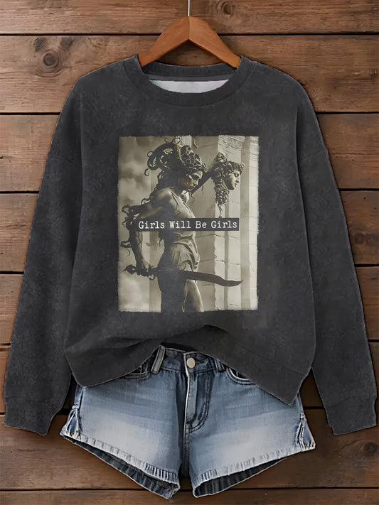 Girls Will Be Girls Medusa Feminist Printed Long Sleeve Casual Top