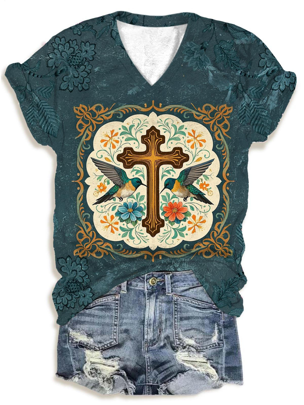 Women's Hummingbird Cross Faith V-Neck T-Shirt