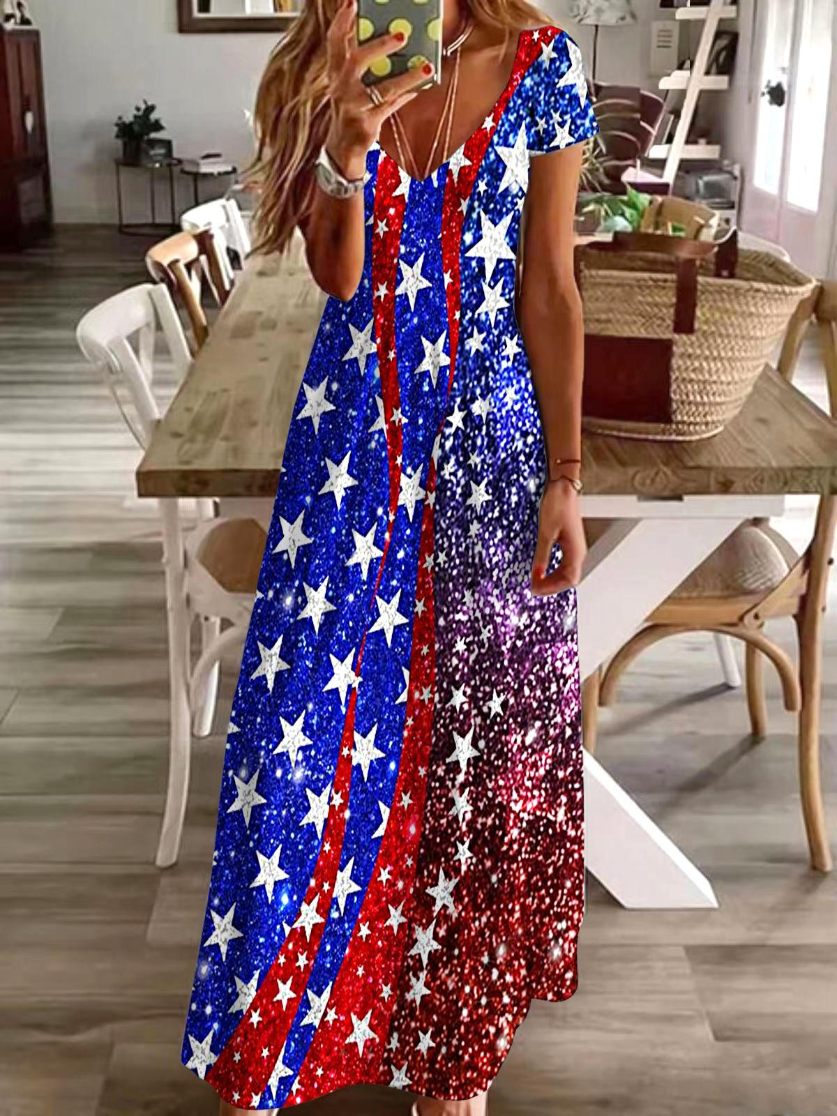 Vintage Independence Day Flag Print Short Sleeve V Neck Maxi Dress