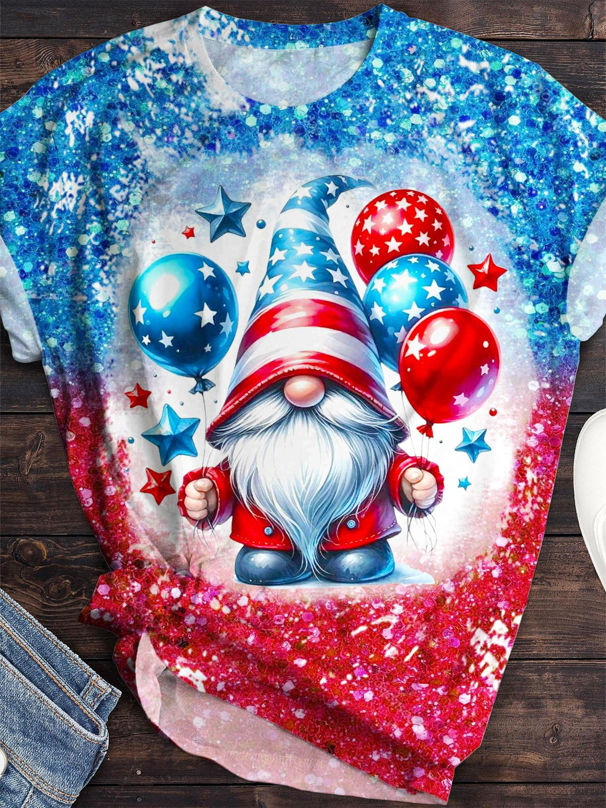 Sequined Independence Day Cute Gnome Crew Neck T-shirt
