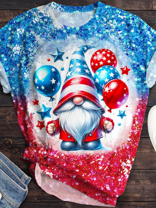 Sequined Independence Day Cute Gnome Crew Neck T-shirt