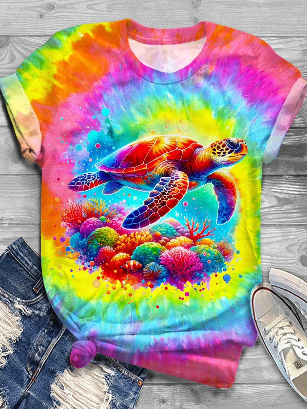 Colorful Turtle Printed Crew Neck T-shirt