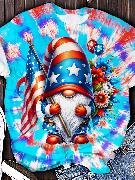4th of July Tie Dye Patriotic Floral Flag Gnome Art Crew Neck T-shirt