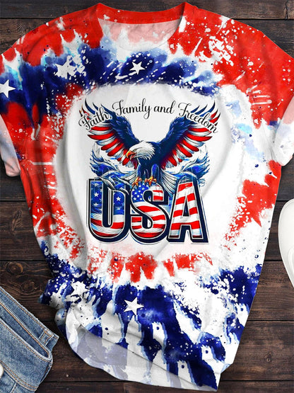 Independence Day Flag Eagle Retro Print Round Crew Neck T-shirt