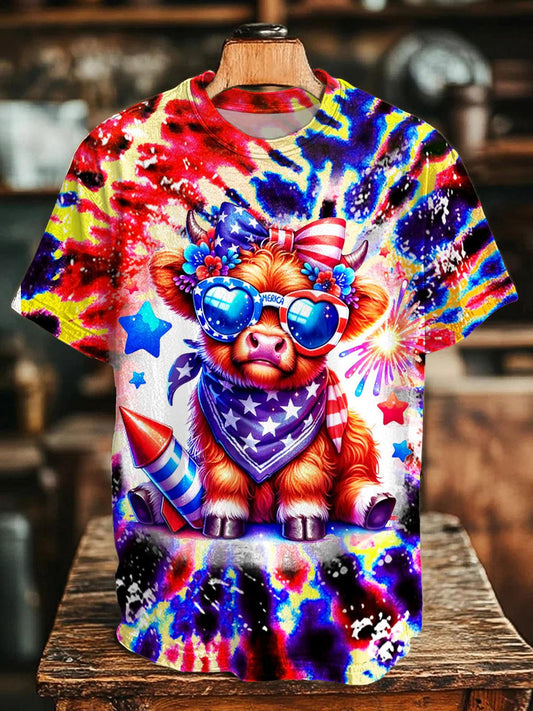 Vintage Independence Day Highland Cow Crew Neck T-shirt