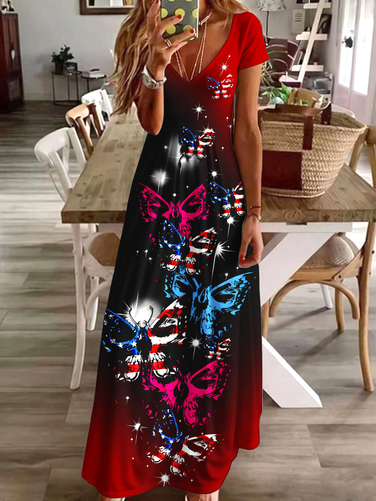 Flag Butterfly Skull Print Short Sleeve V Neck Maxi Dress