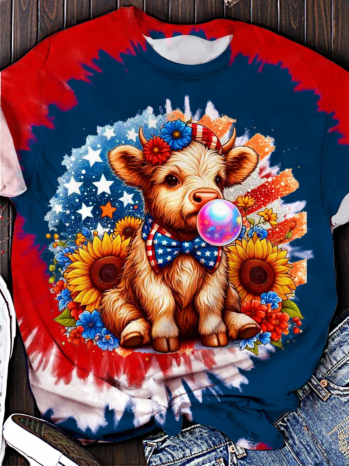 Baby Highland Cow American Flag Print Crew Neck T-shirt