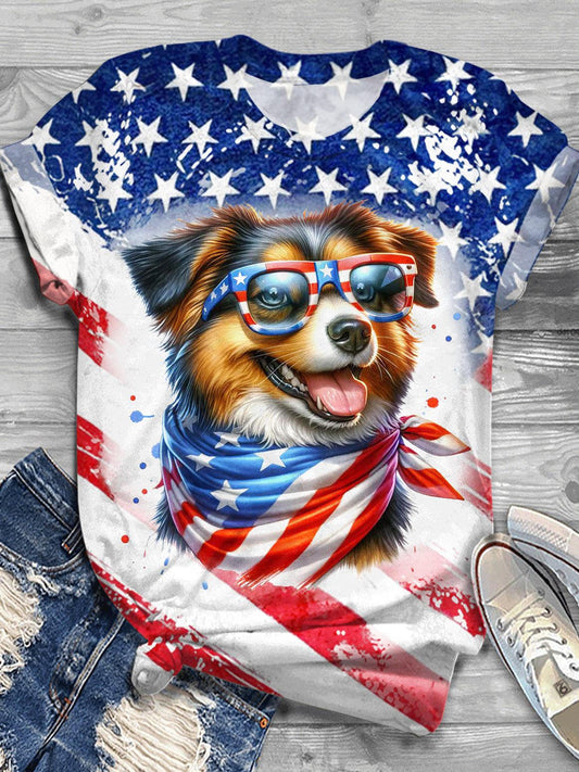 Puppy Independence Day Flag Printed Crew Neck T-shirt
