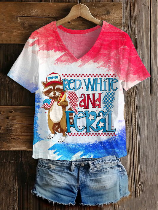 Red White And Feral Funny Raccoon V-neck T-Shirt