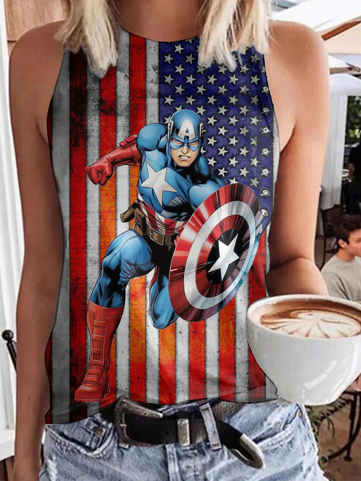 Captain America Print Casual Sleeveless Top