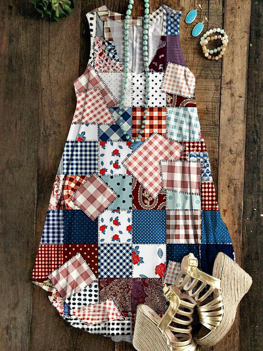 Retro Independence Day Stitching Sleeveless V Neck Dress