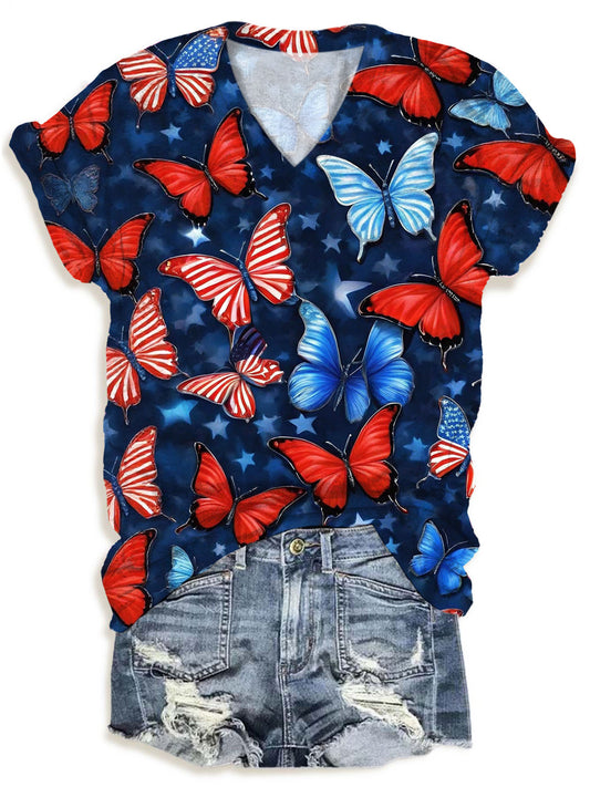 Independence Day Butterfly V-neck T-Shirt