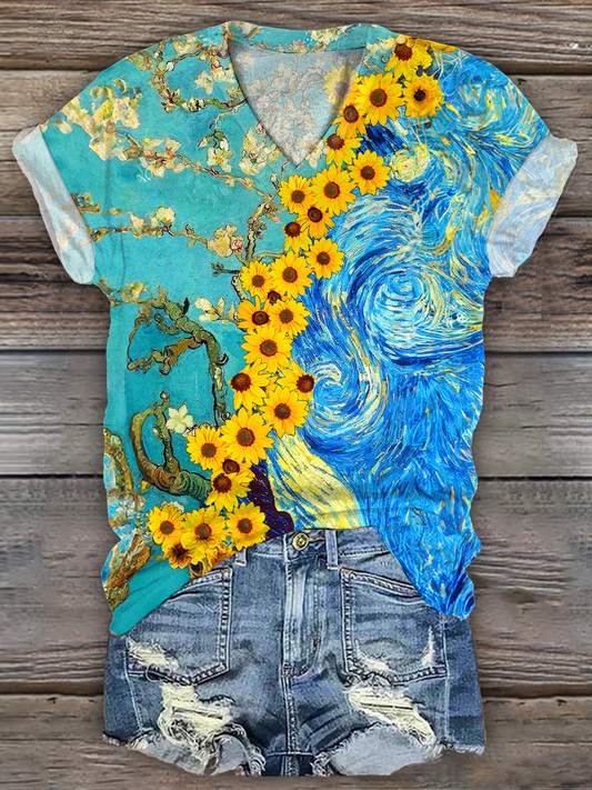 Collage Oil Painting Star Sky&Sunflower Flower V-neck T-Shirt
