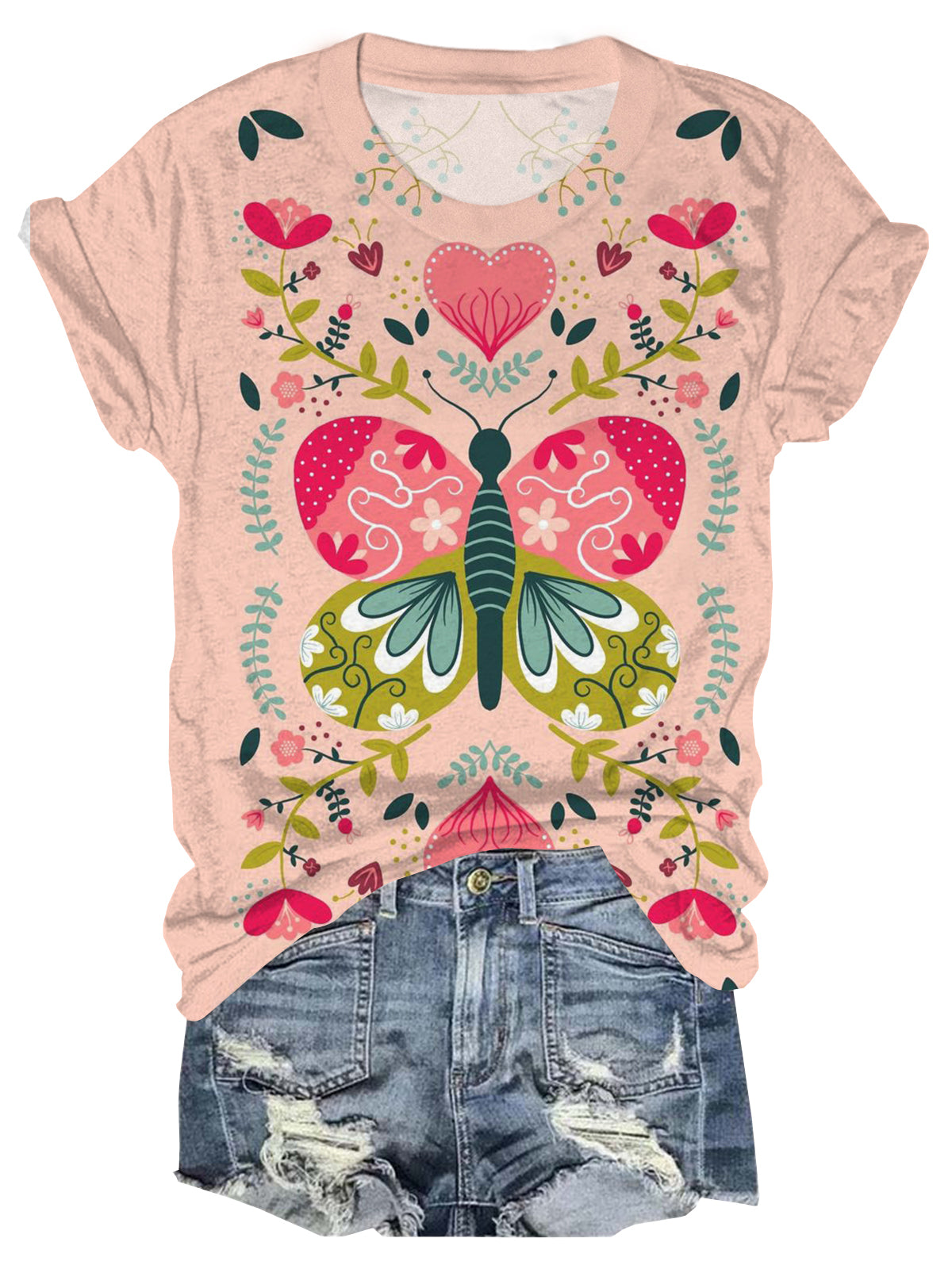 Pink Heart Butterfly Crew Neck T-shirt