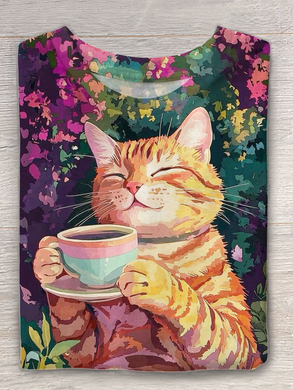 Forest Coffee Cat Crew Neck T-shirt