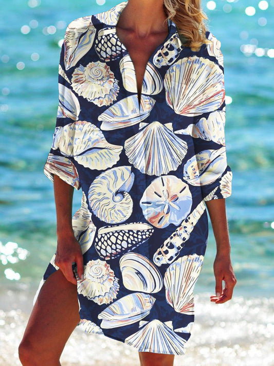 Summer Shell Print Long Sleeve Beach Shirt Dress