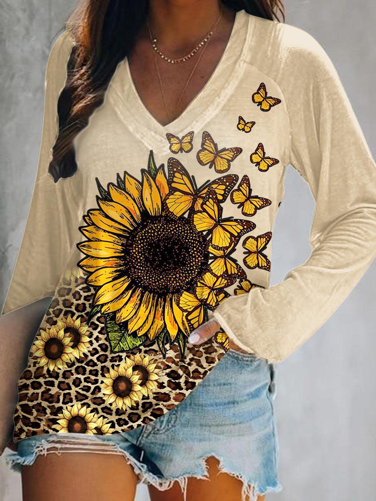 Sunflower Leopard Pattern Print V-Neck Long Sleeve Top