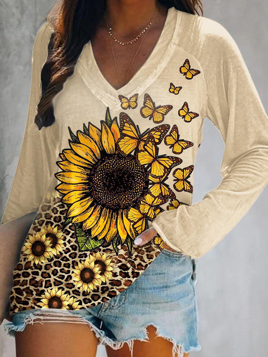 Sunflower Leopard Pattern Print V-Neck Long Sleeve Top