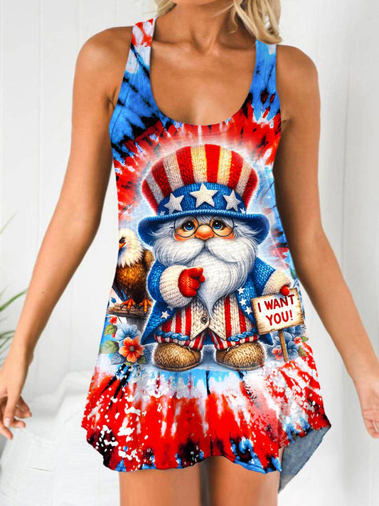 Women's Cute Gnome Independence Day Printed Long Vest Dress